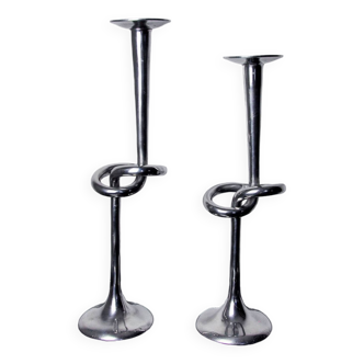 Pair of XL knotted candlesticks in aluminum, Italy, 1980