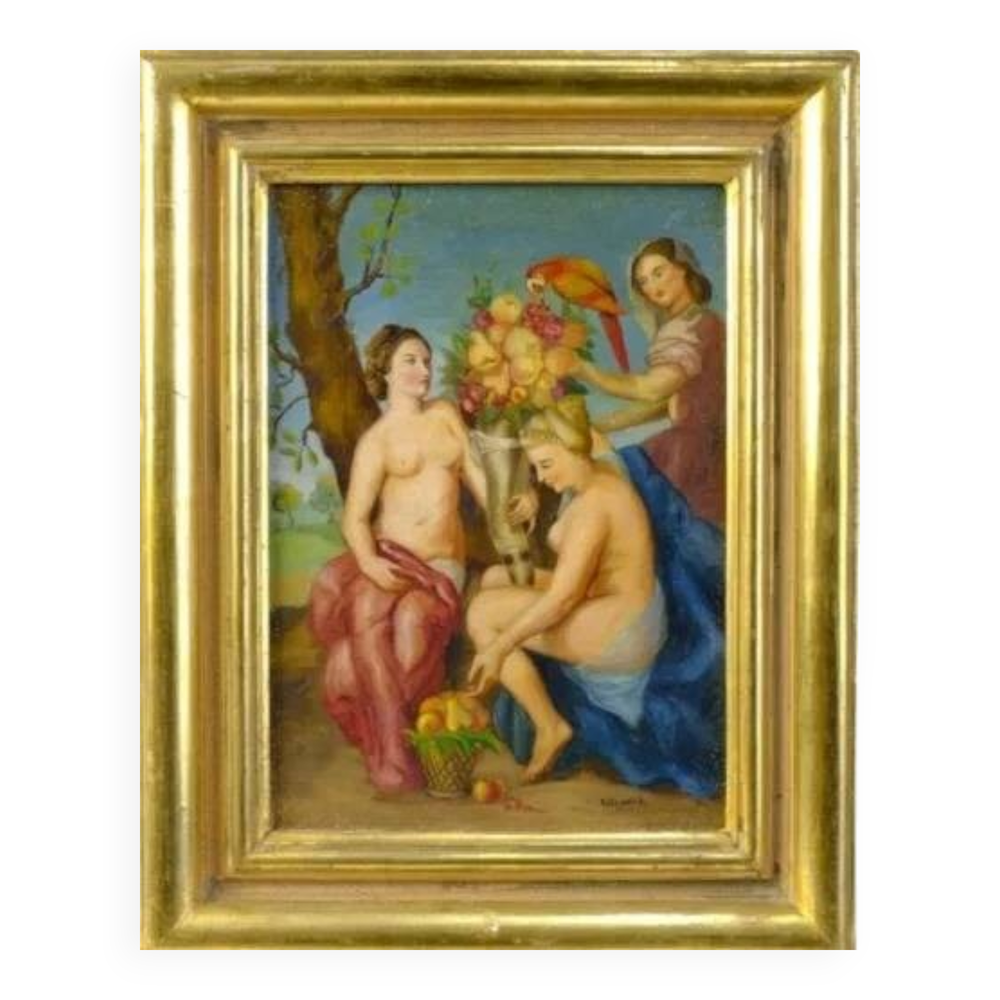 Mid 20th Century Portrait of Three Nudes Oil Painting,