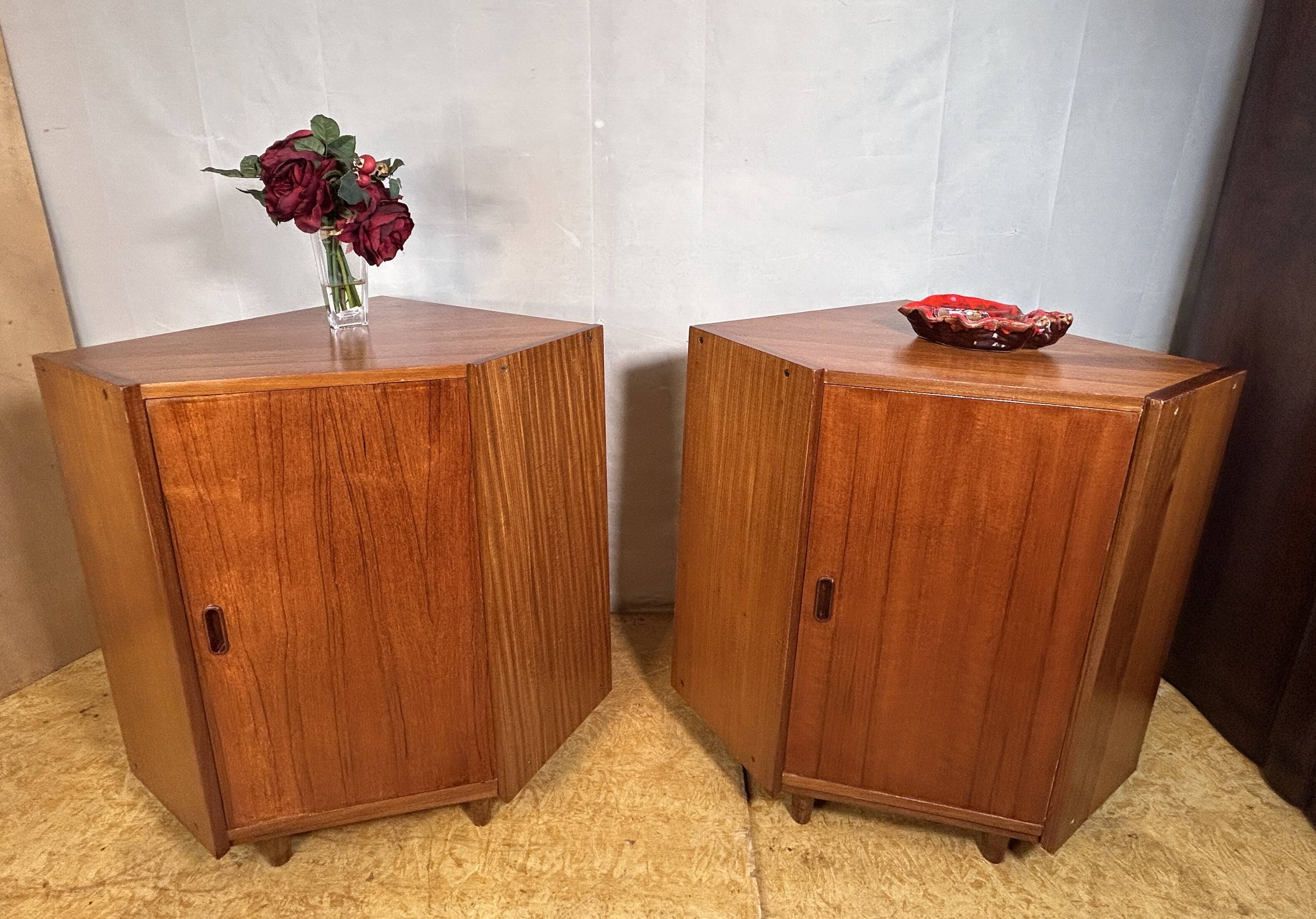 Mid-Century Retro Vintage Teak Pair of Corner Cabinets – 1960s Danish Desig