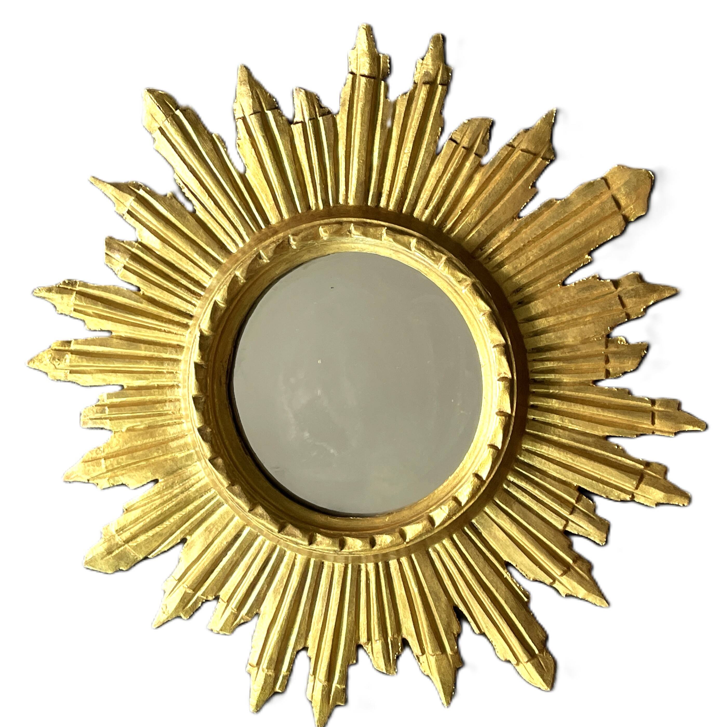 golden wooden sun mirror - 48 cm