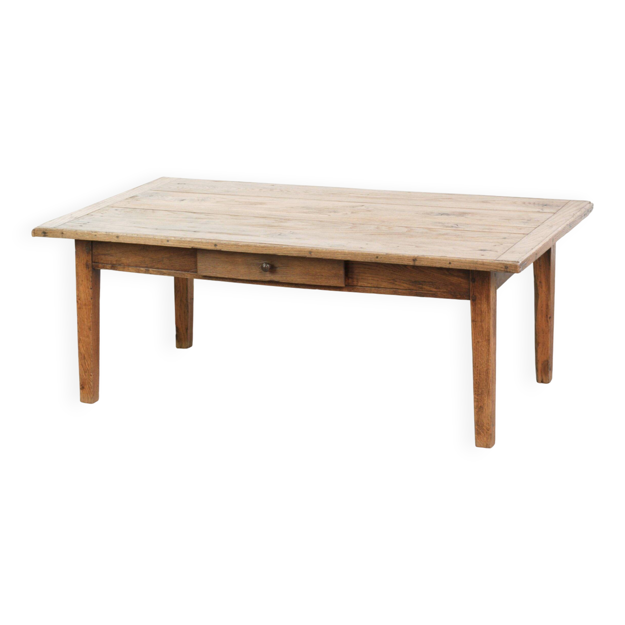 Antique pinewood coffee table with a drawer and a rural appearance