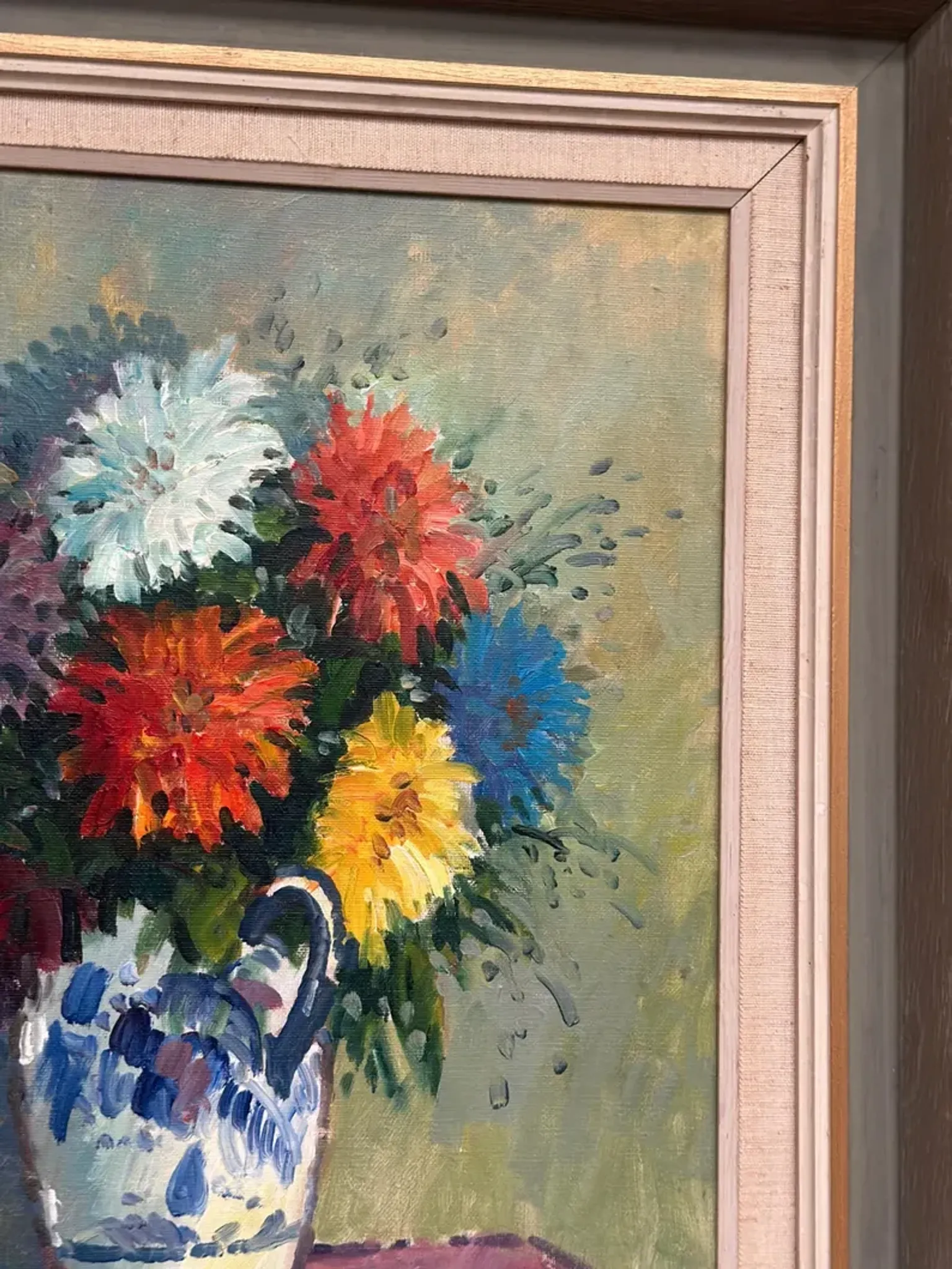 Original Swedish Oil on Canvas – “Asters in a Ceramic Vase” by Eric Lundgren – Signed – Vintage and Framed – 60 × 54 cm (23.6" × 21.3")