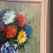 Original Swedish Oil on Canvas – “Asters in a Ceramic Vase” by Eric Lundgren – Signed – Vintage and Framed – 60 × 54 cm (23.6" × 21.3")