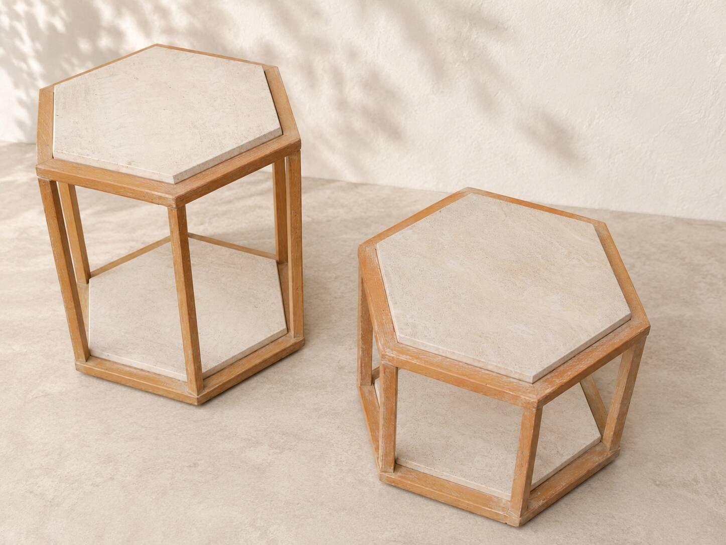 Set of 3 nesting tables in travertine and wood – Roche Bobois, 1970s