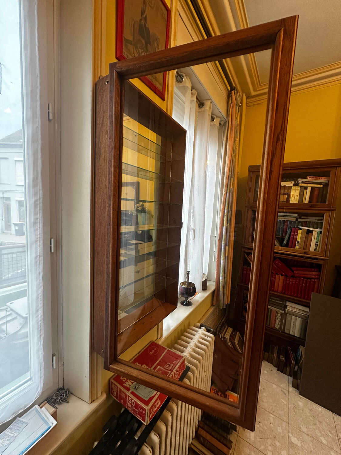 Wall display cabinet - wood - glass and mirror H 107 / W 53 / D 15.5 cm