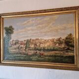 Framed oil on canvas from 1896 representing a village