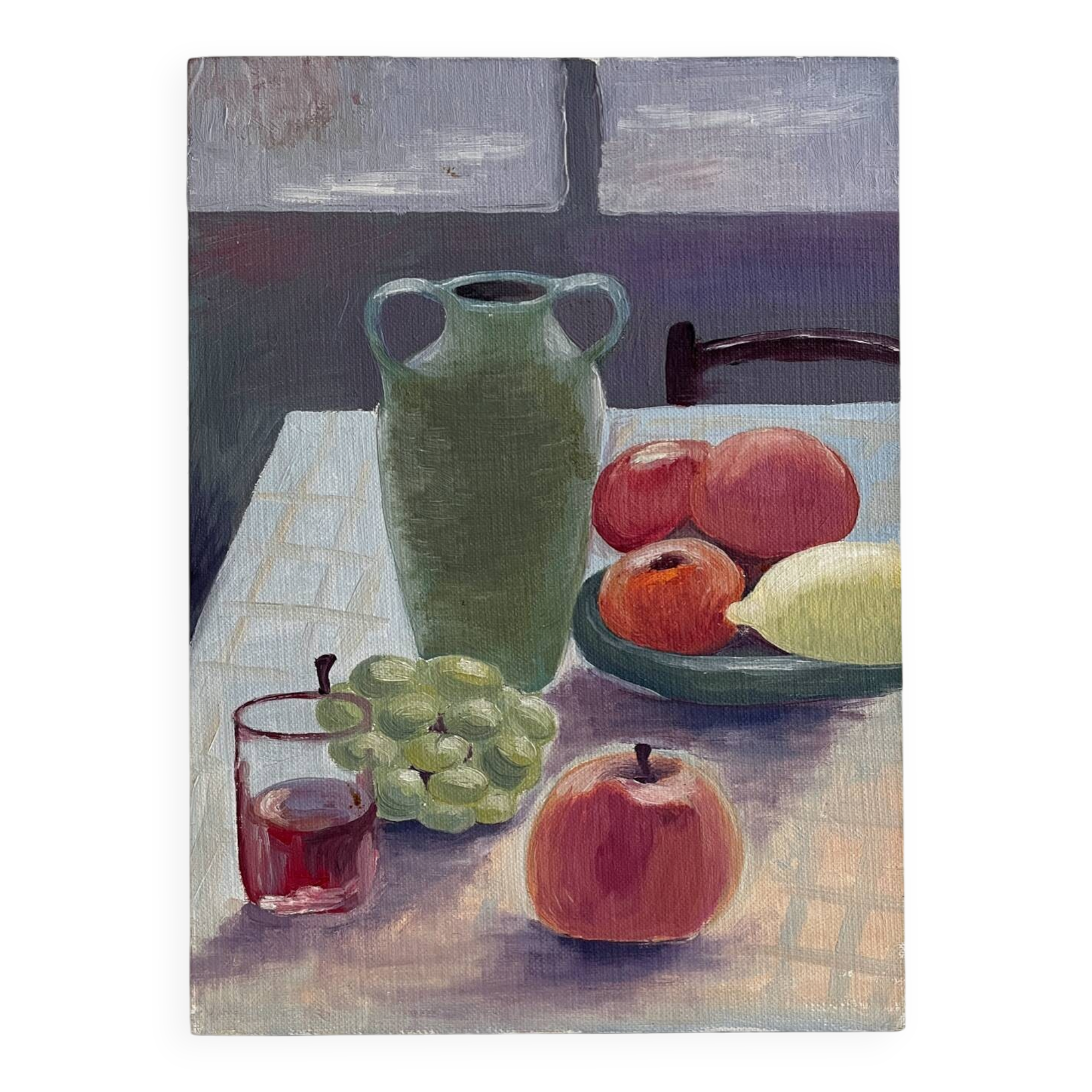 Peinture ancienne huile sur carton nature morte fruits table