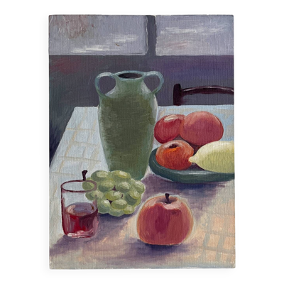 Peinture ancienne huile sur carton nature morte fruits table