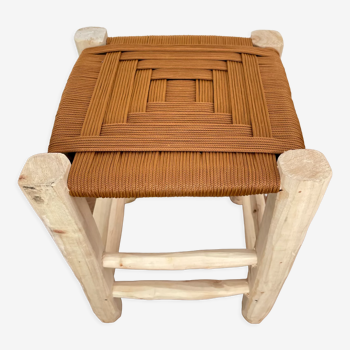 Moroccan Berber stool in wood and brown nylon