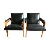 Paire de fauteuils à système en skaï noir, années 50