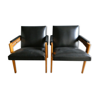 Pair of system in black leatherette chairs, 50 years