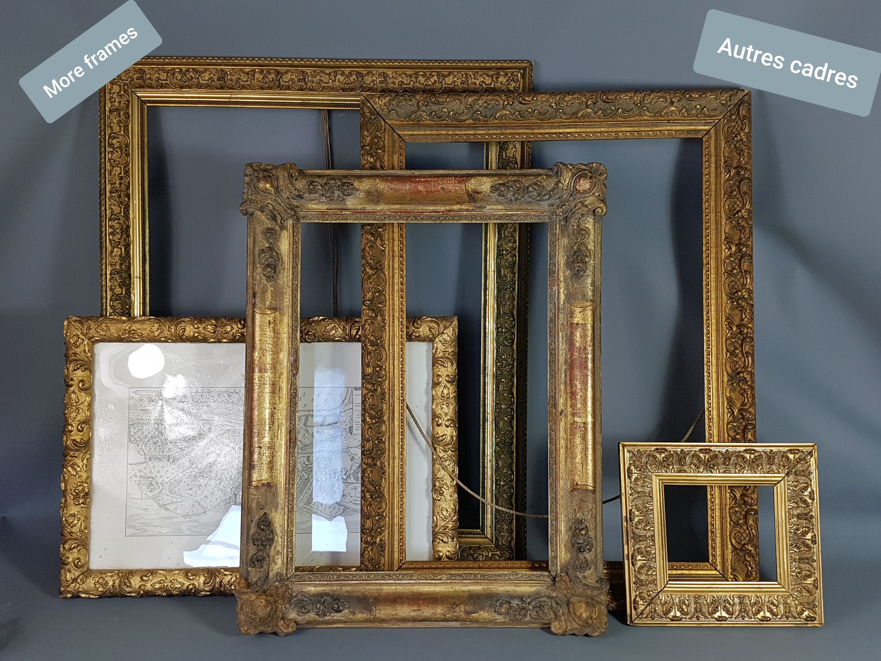 Old oval frame patinated wood & gilded stucco 1930, 52x40cm