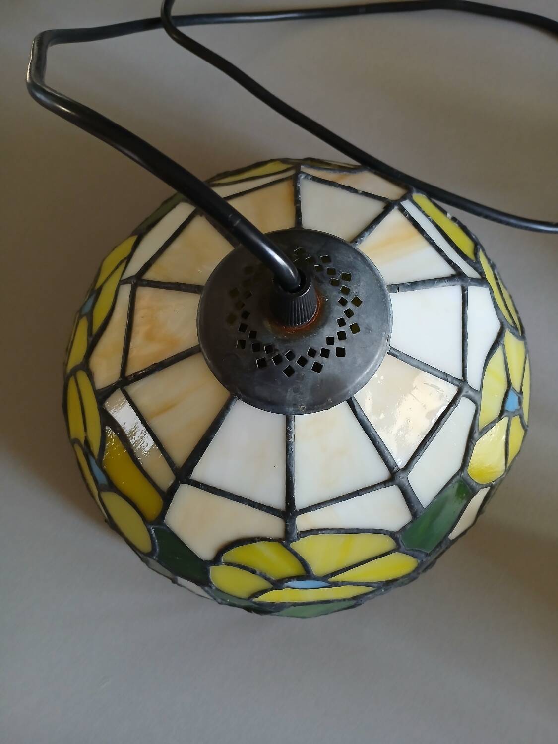 Antique stained glass and tin pendant light