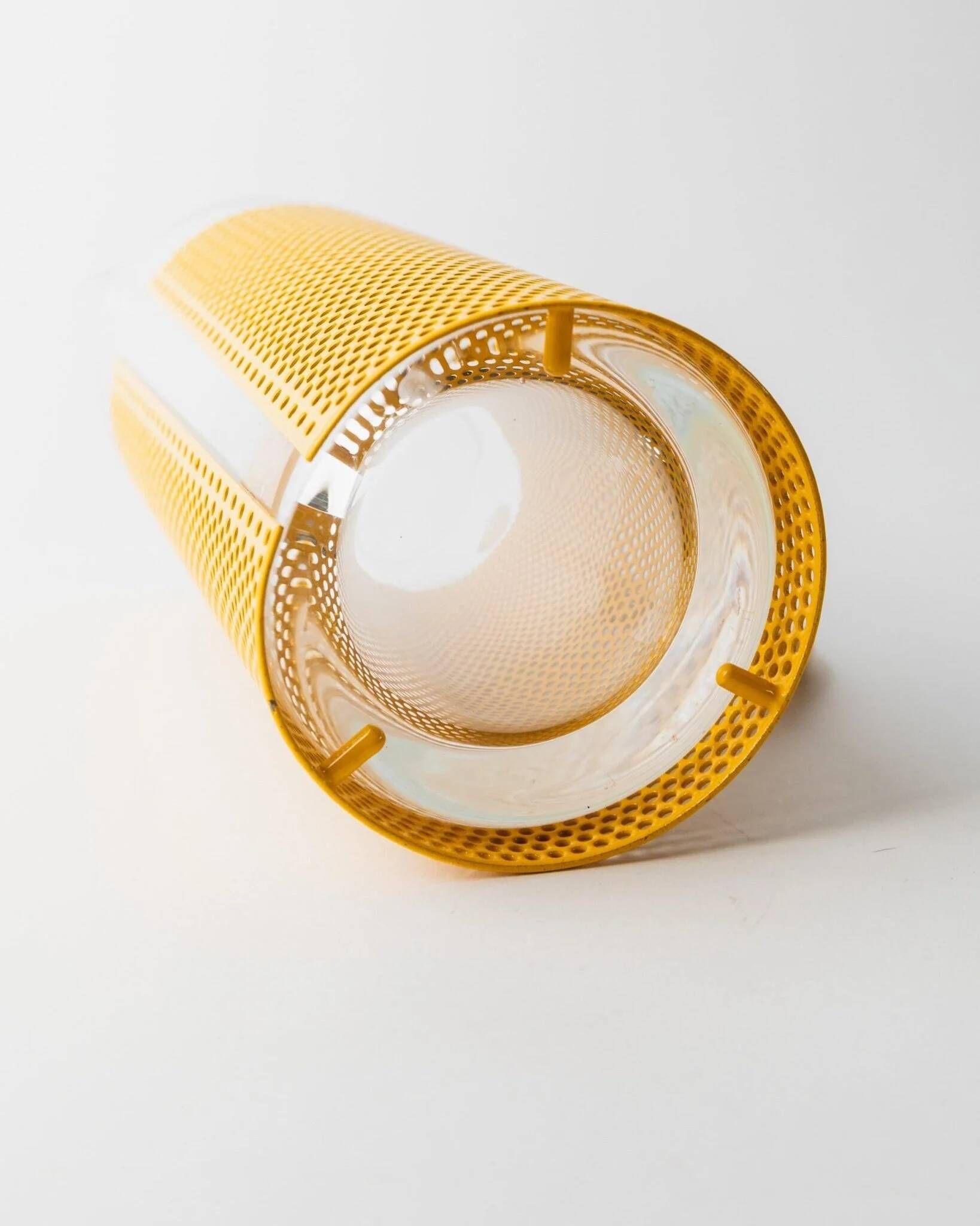 Transparent Glass Pitcher with Yellow Metal Sleeve and Pestle - Memphis Style, 1980s Italy