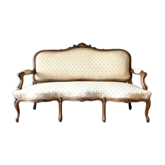 Louis XV style 3-seater bench in chiseled wood and floral cotton, mid-19th century