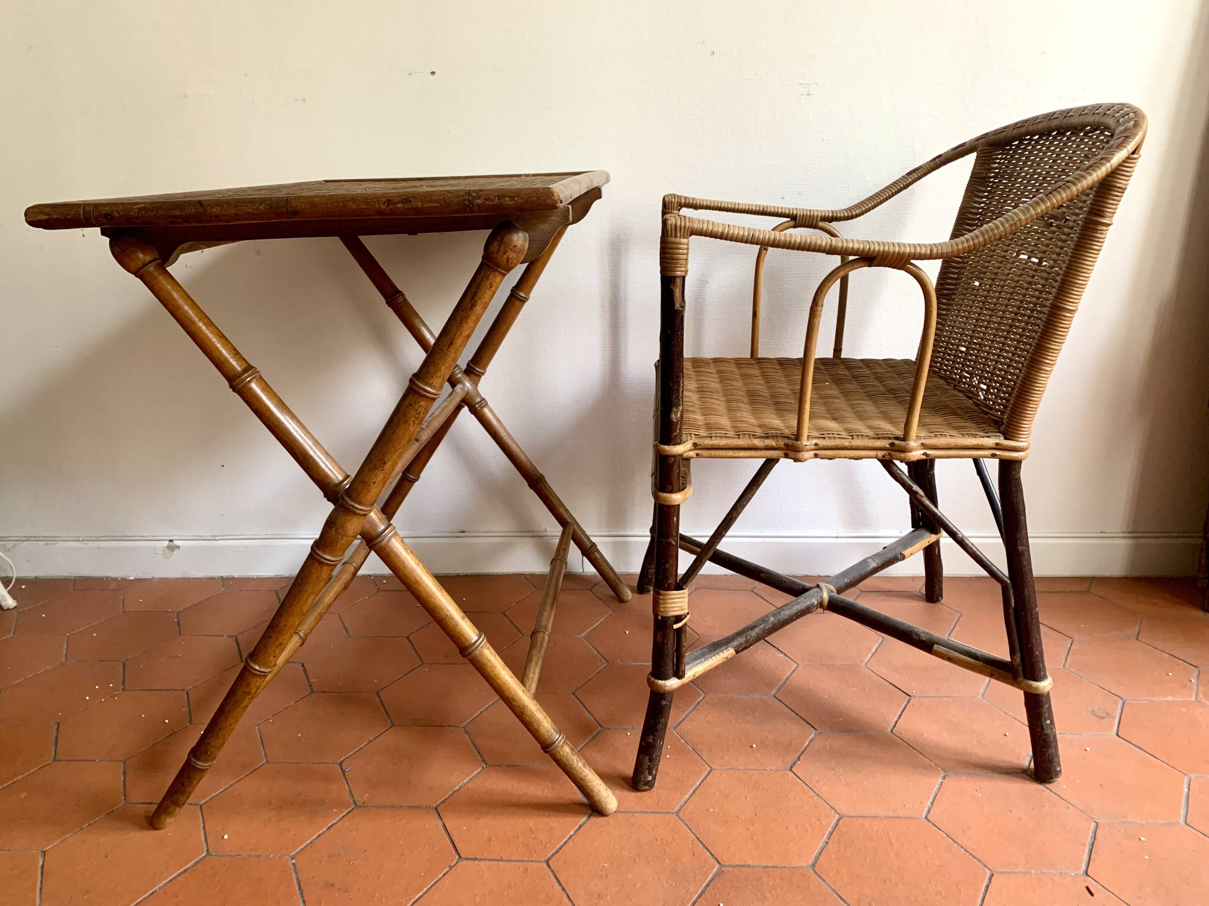Folding table in bamboo-style wood and woven top, Napoleon III