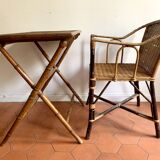 Folding table in bamboo-style wood and woven top, Napoleon III