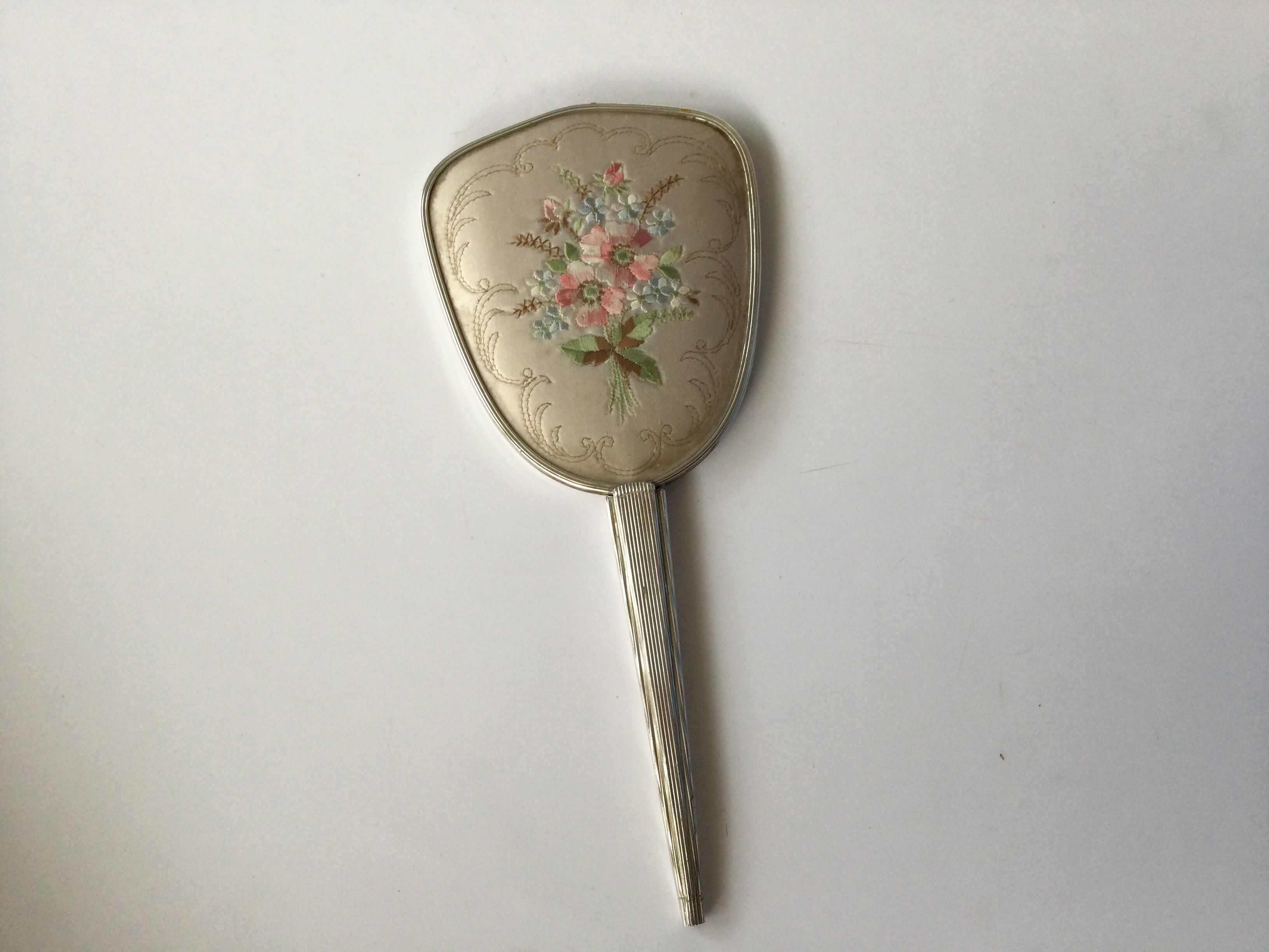 Vintage hand mirror embroidered fabric 30x13cm