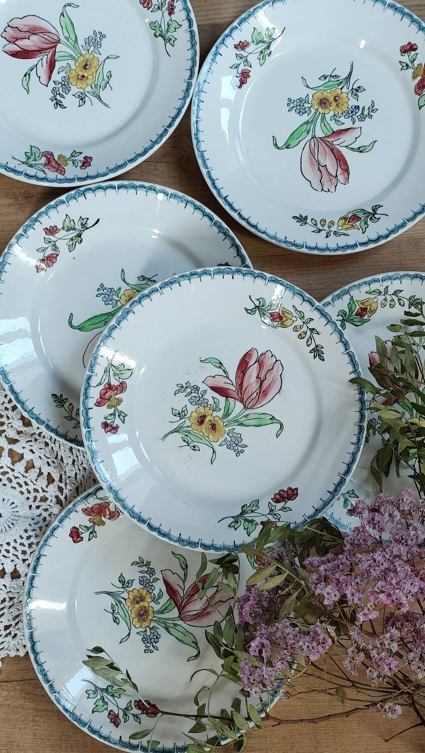 Set of 6 polychrome ironstone dessert plates