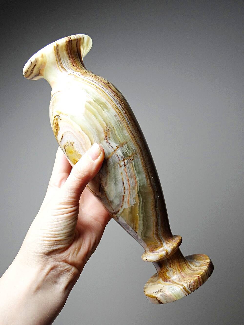 Vintage baluster vase in green striped onyx, Italy, mid-century.