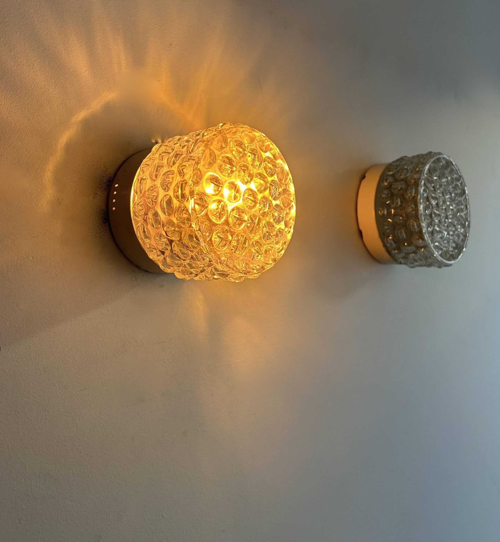 Pair of vintage wall lights, pressed molded glass, France 1960s