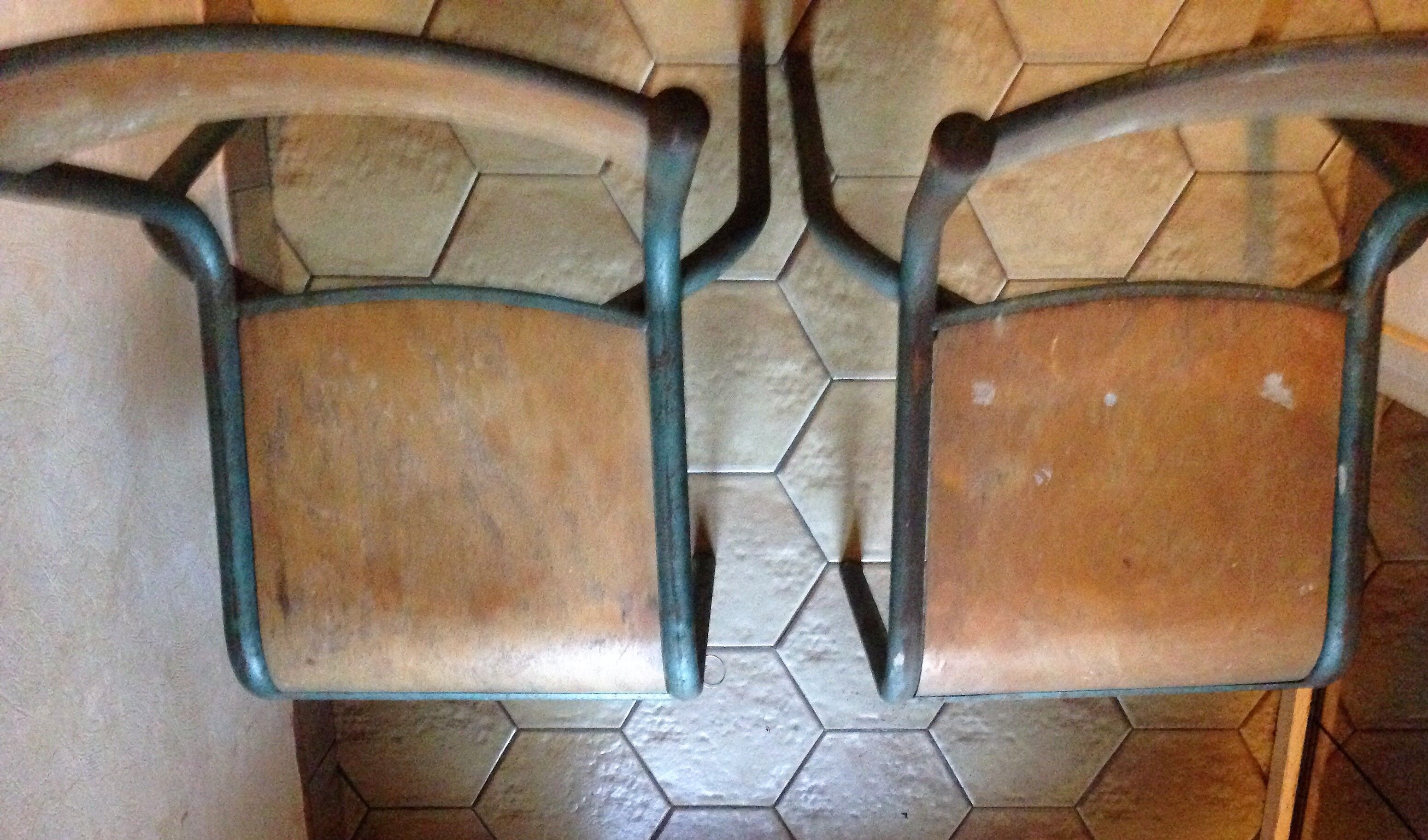 Pair of chairs school workshop wood and metal tubular