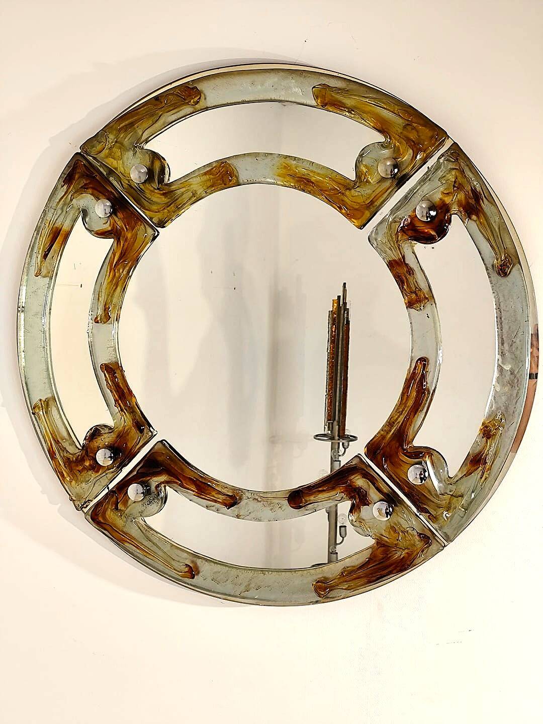 Miroir italien rond en verre de Murano du milieu du siècle par Mazzega, années 1960