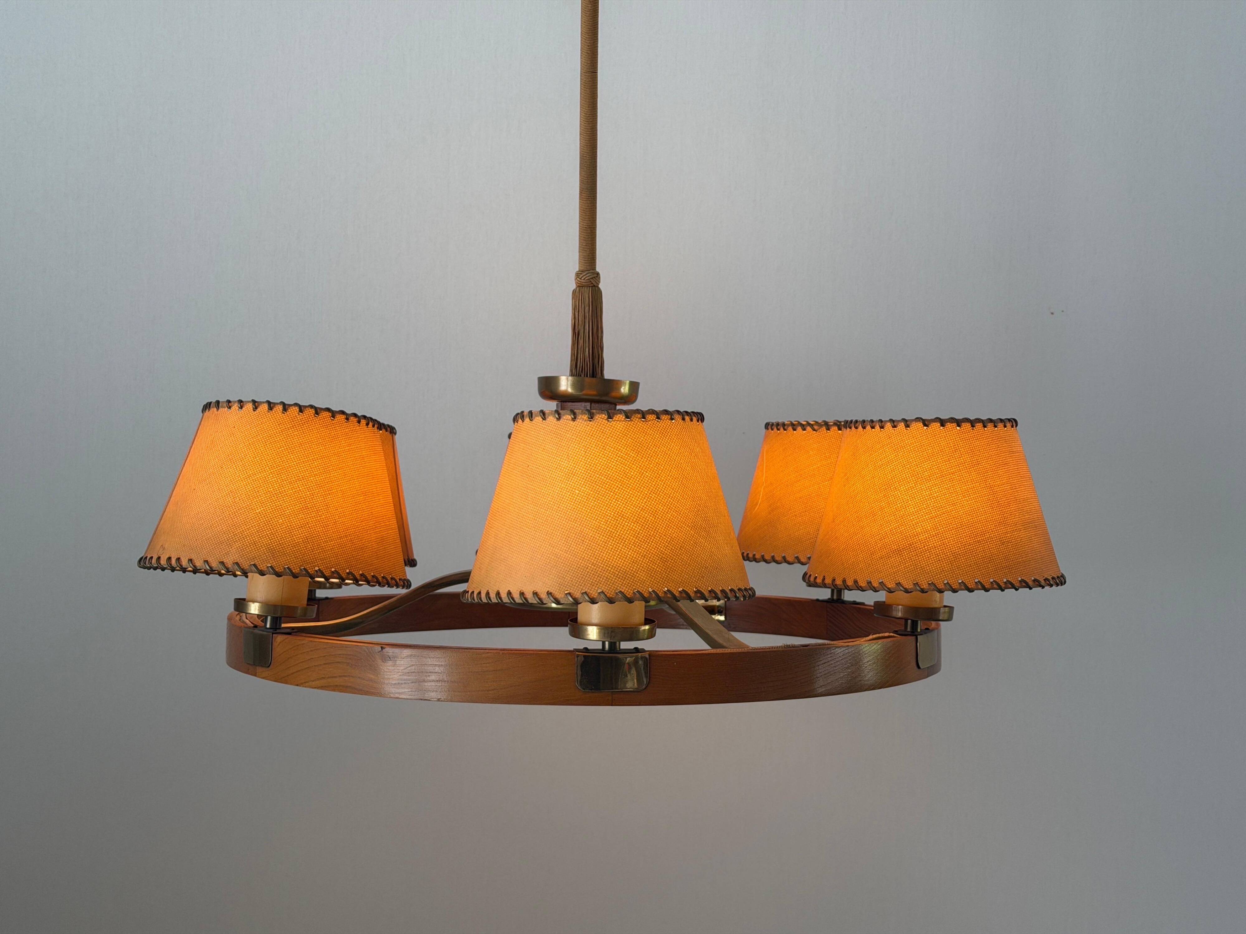 6 wooden paper head chandeliers with brass details, 1960s, Germany