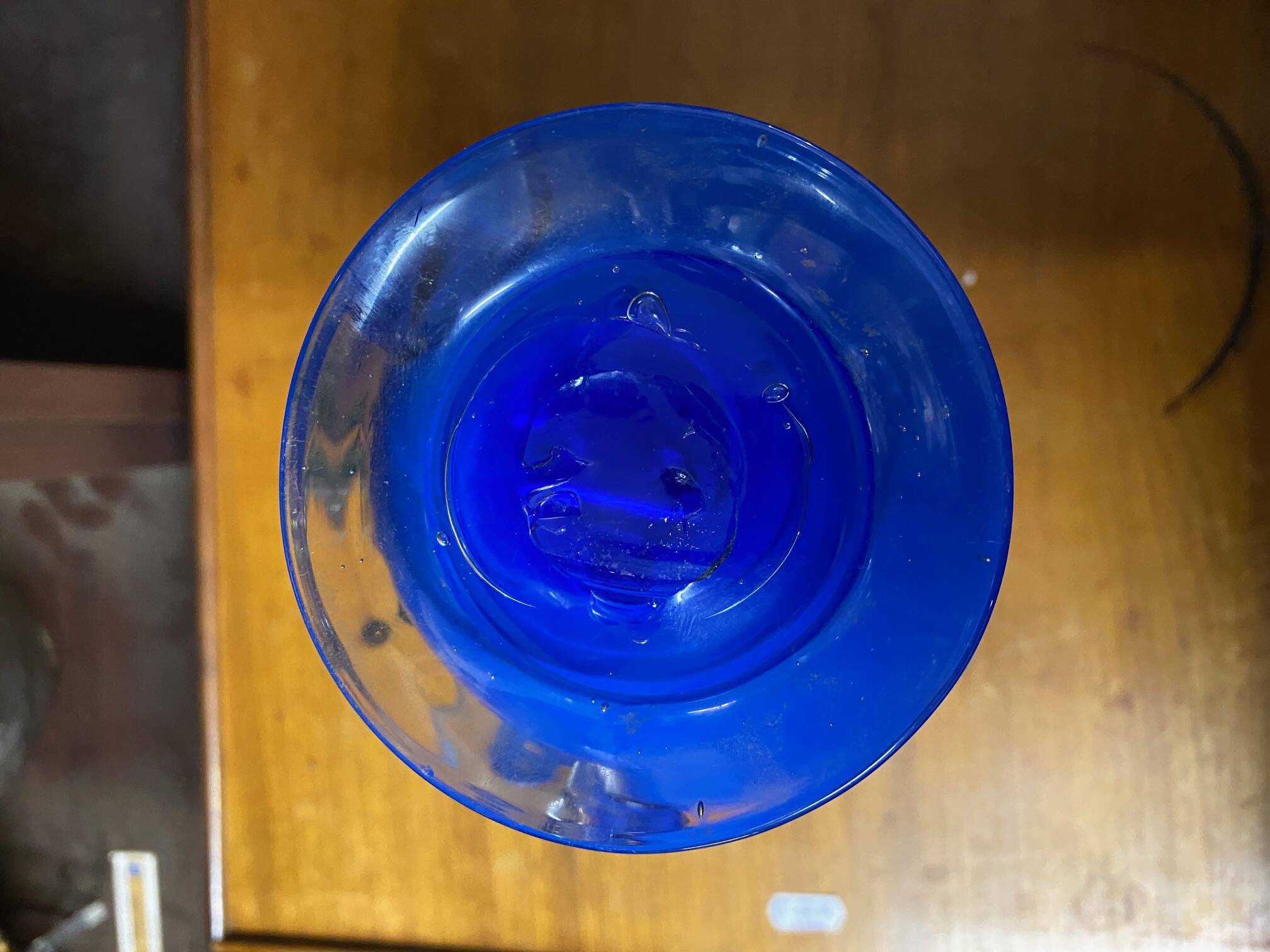 Clichy glass vase with floral decoration in intense blue tones and small years