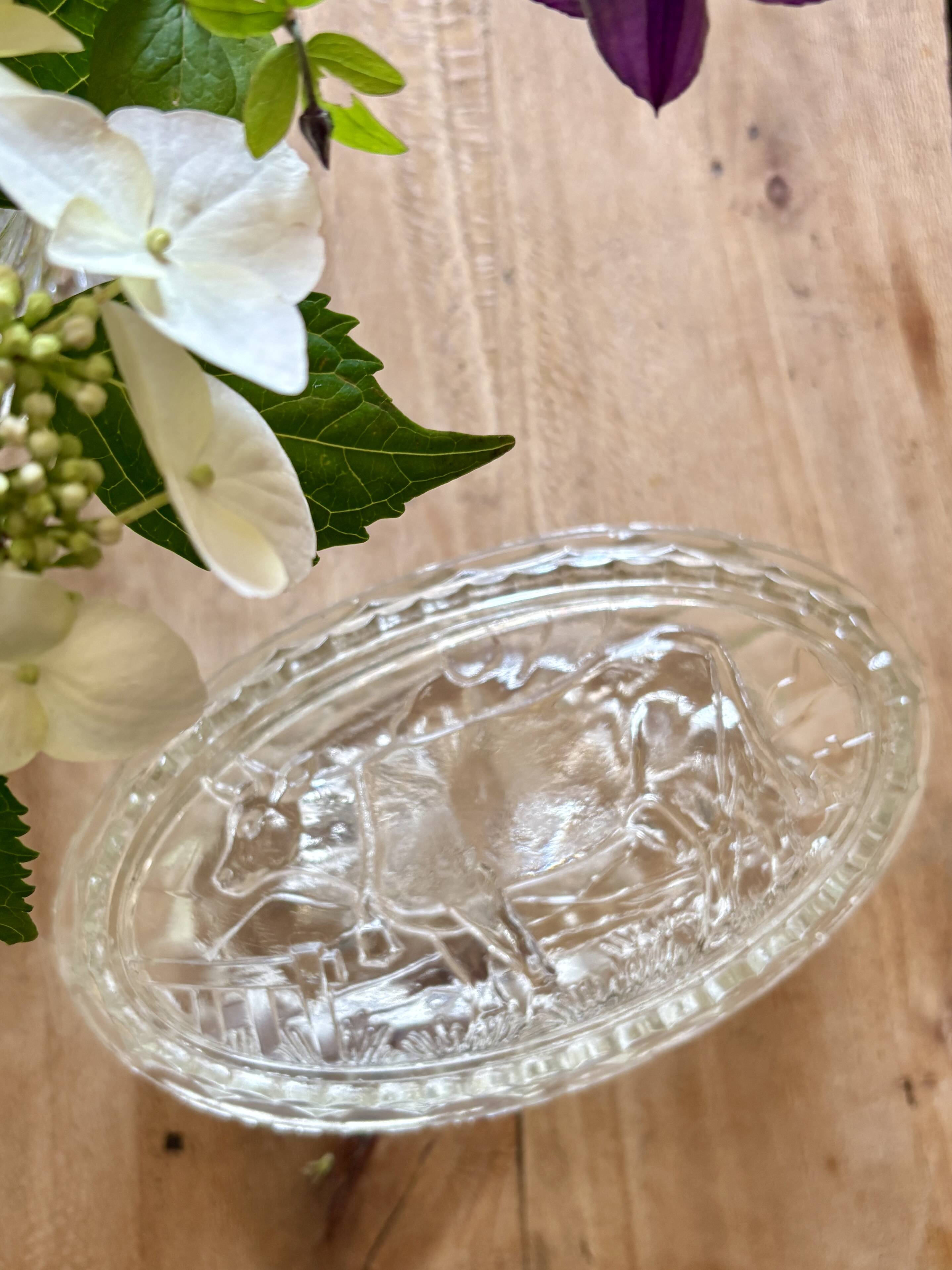 Vintage glass butter dish with cow decorations