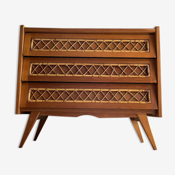 3-drawer chest of drawers with rattan decorations, France 1970s