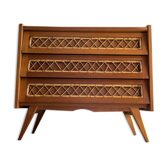 3-drawer chest of drawers with rattan decorations, France 1970s