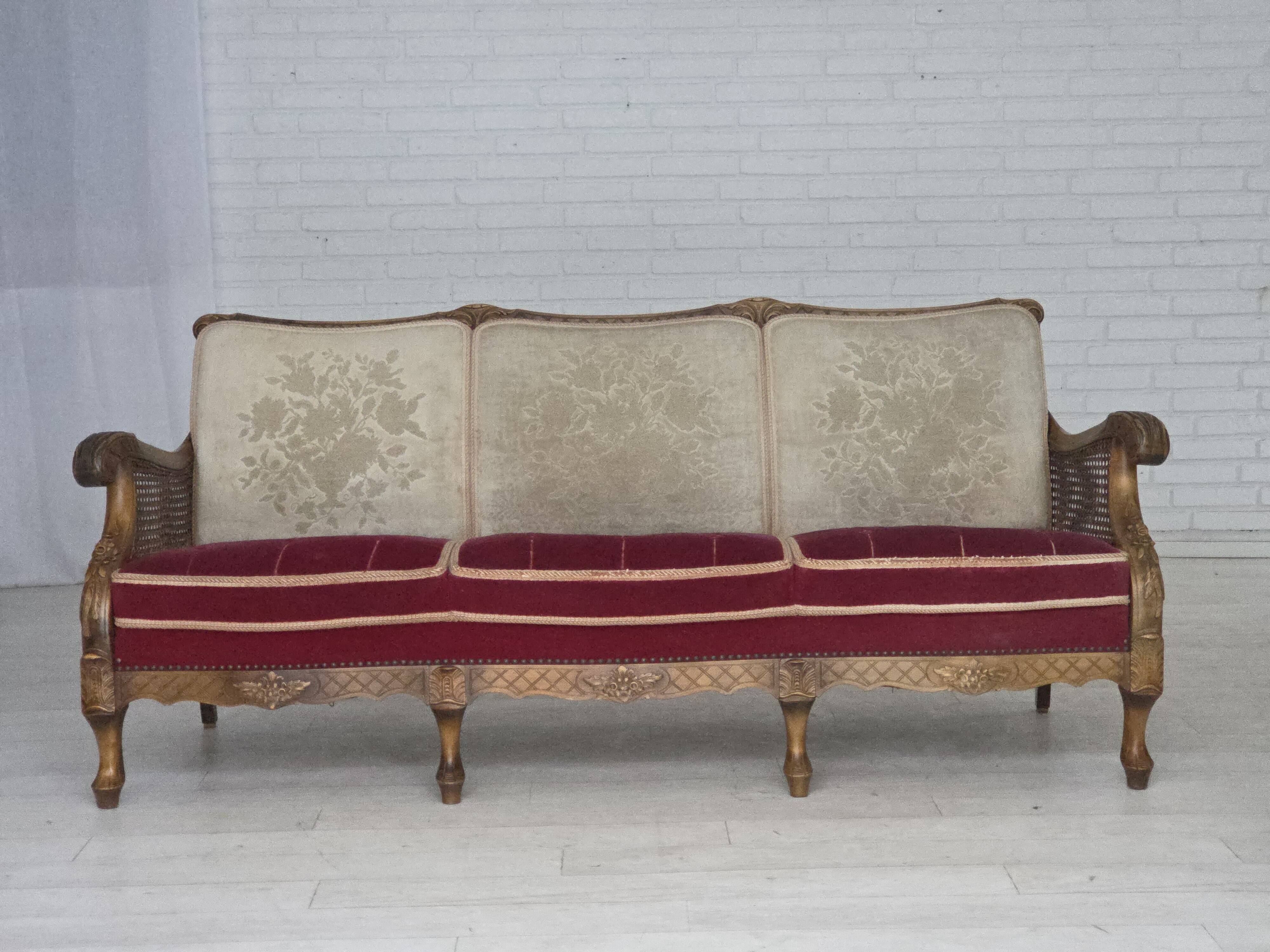 1930s, Danish 3-seater sofa, red furniture velour, furniture mesh.