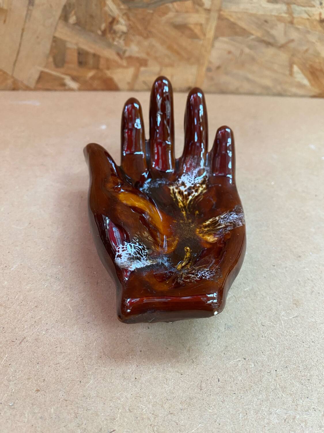 Old vallauris hand shaped brown ceramic pocket tray vintage decoration