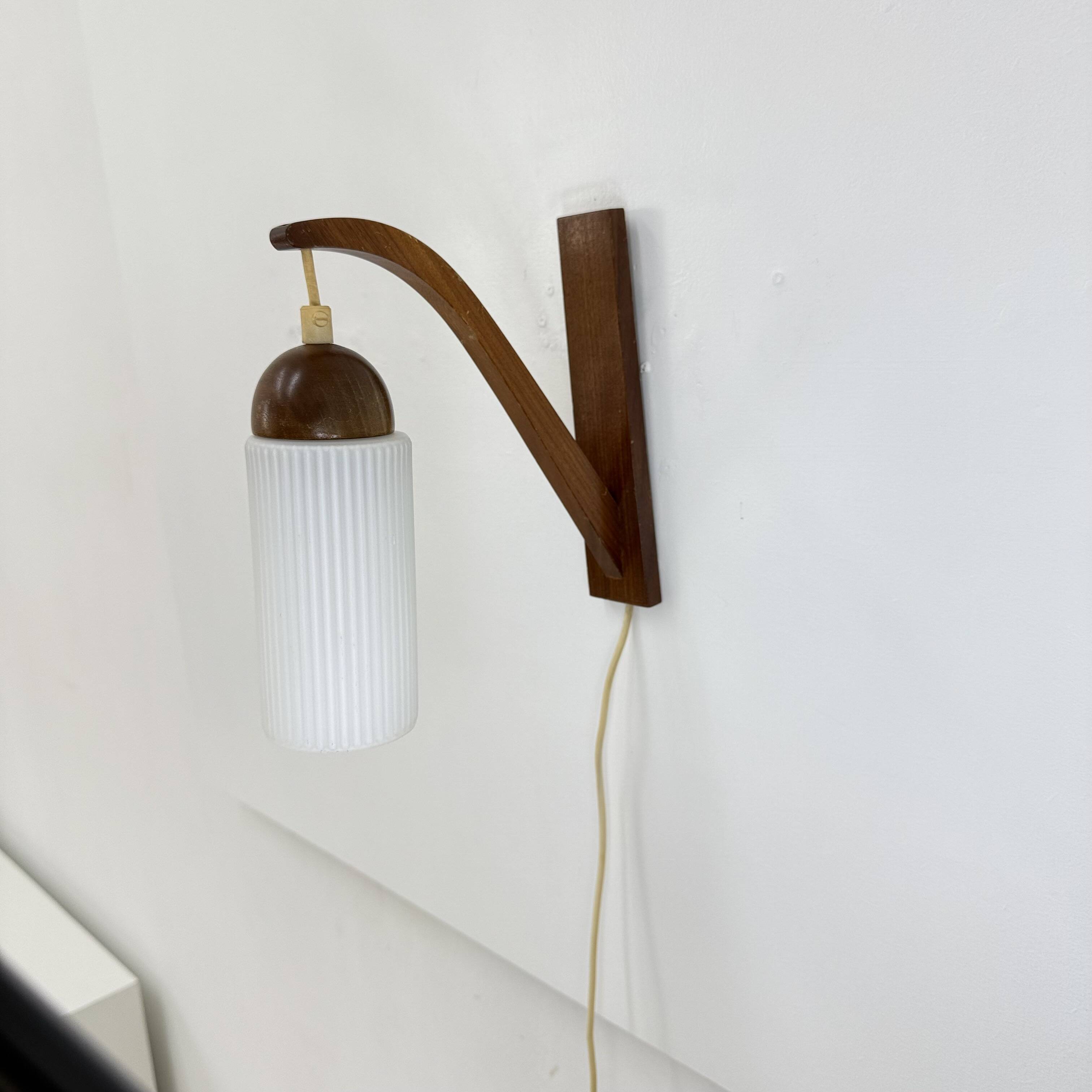 Vintage Scandinavian wall lamp with teak and opaline glass shade , 1960s