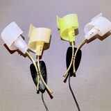 Pair of "vintage" wall lights in brass, perspex, and black bakelite, France Mid-Century