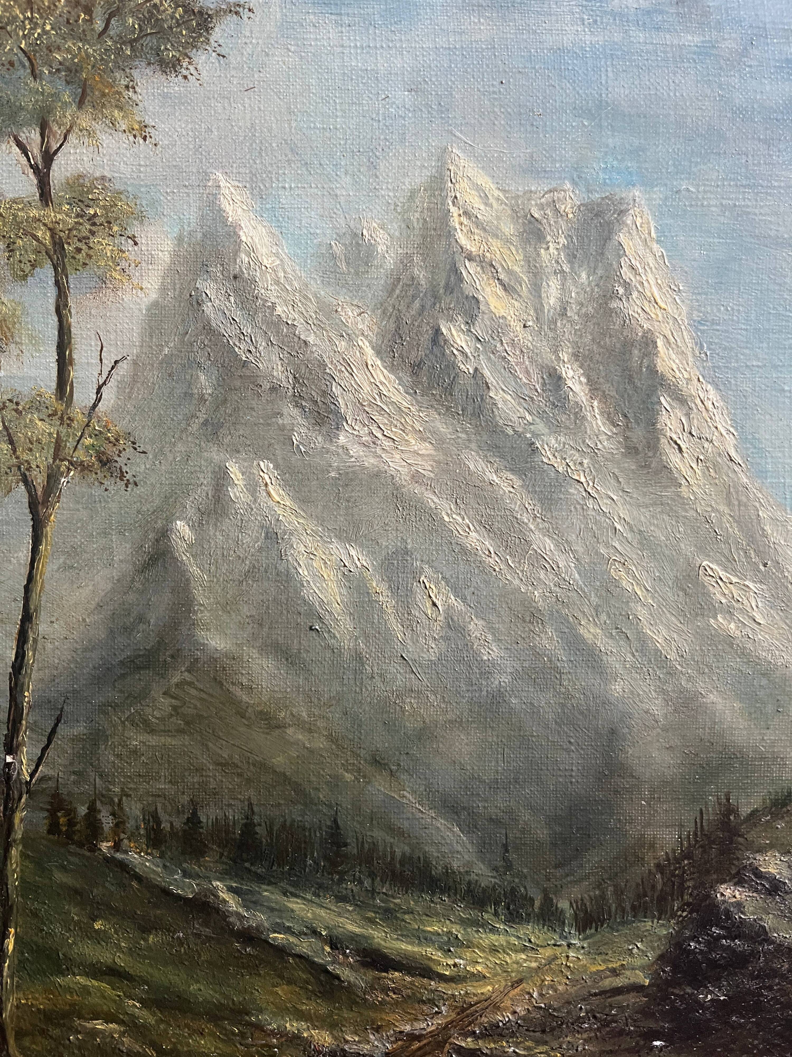 Mountain painting with path between trees signed Dumenil