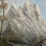 Mountain painting with path between trees signed Dumenil