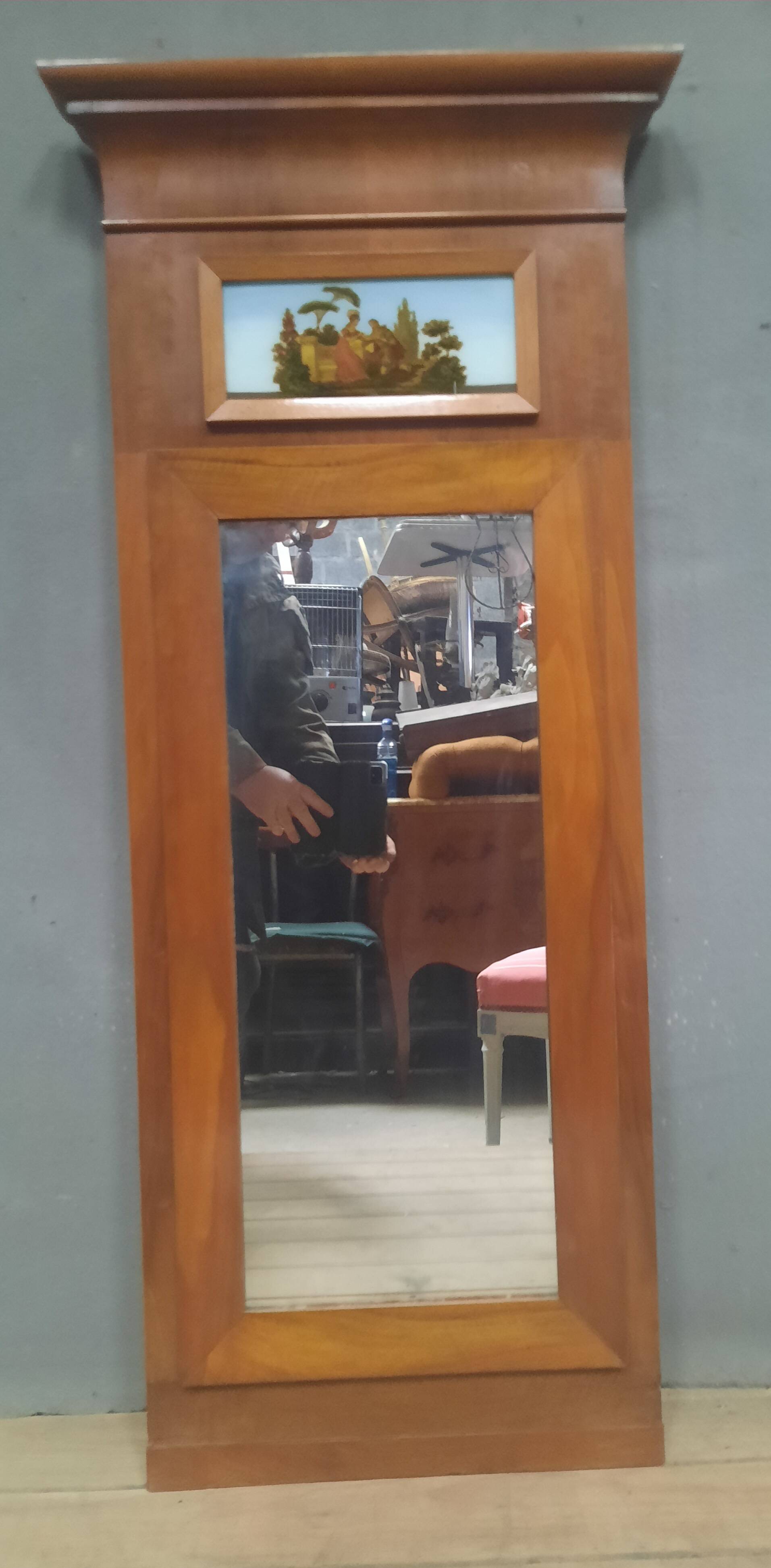 Small varnished wooden trumeau with a gallant scene motif