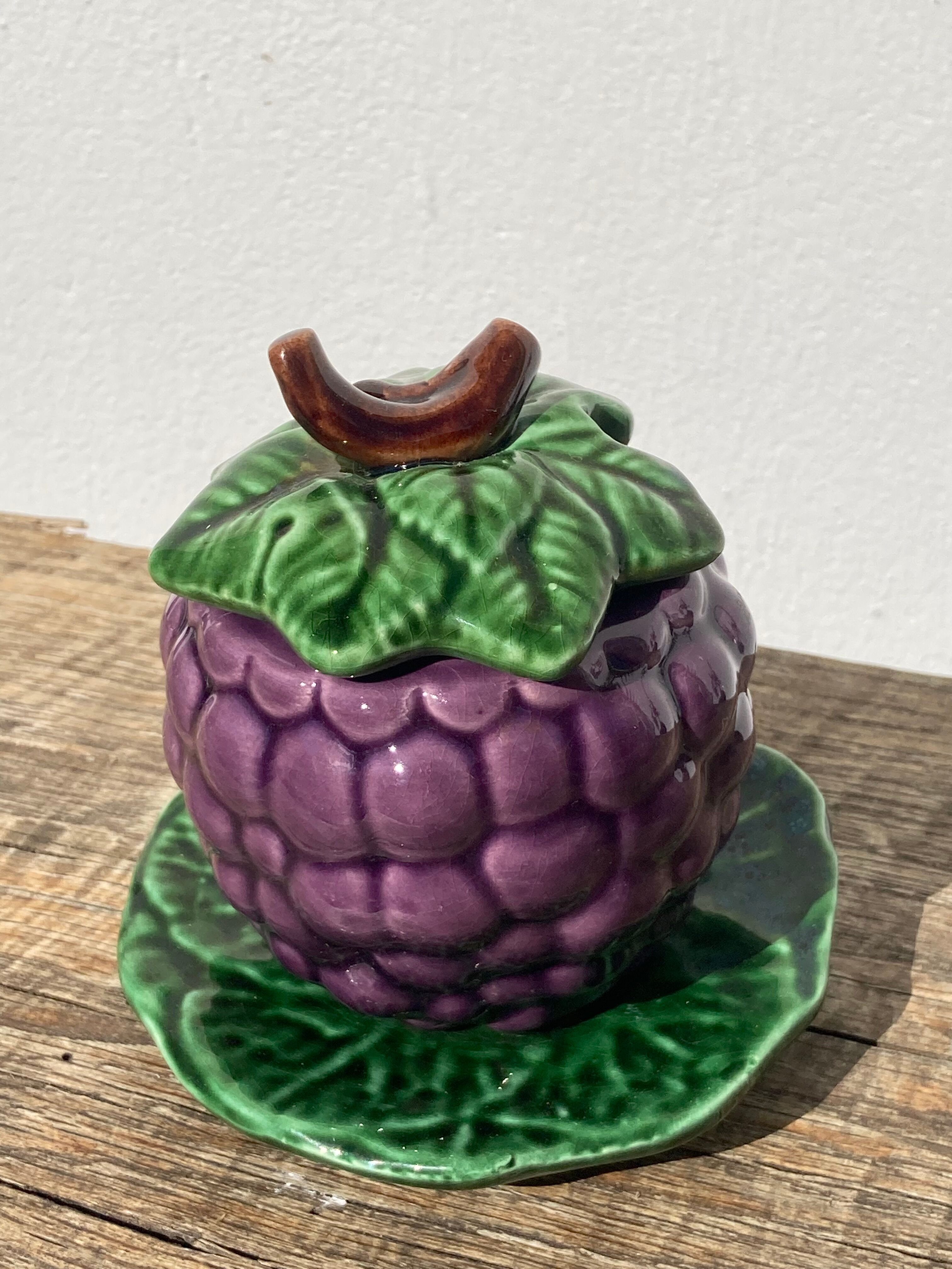 Sweet in Grape Slip or vintage jam maker, green and purple earthenware ceramics