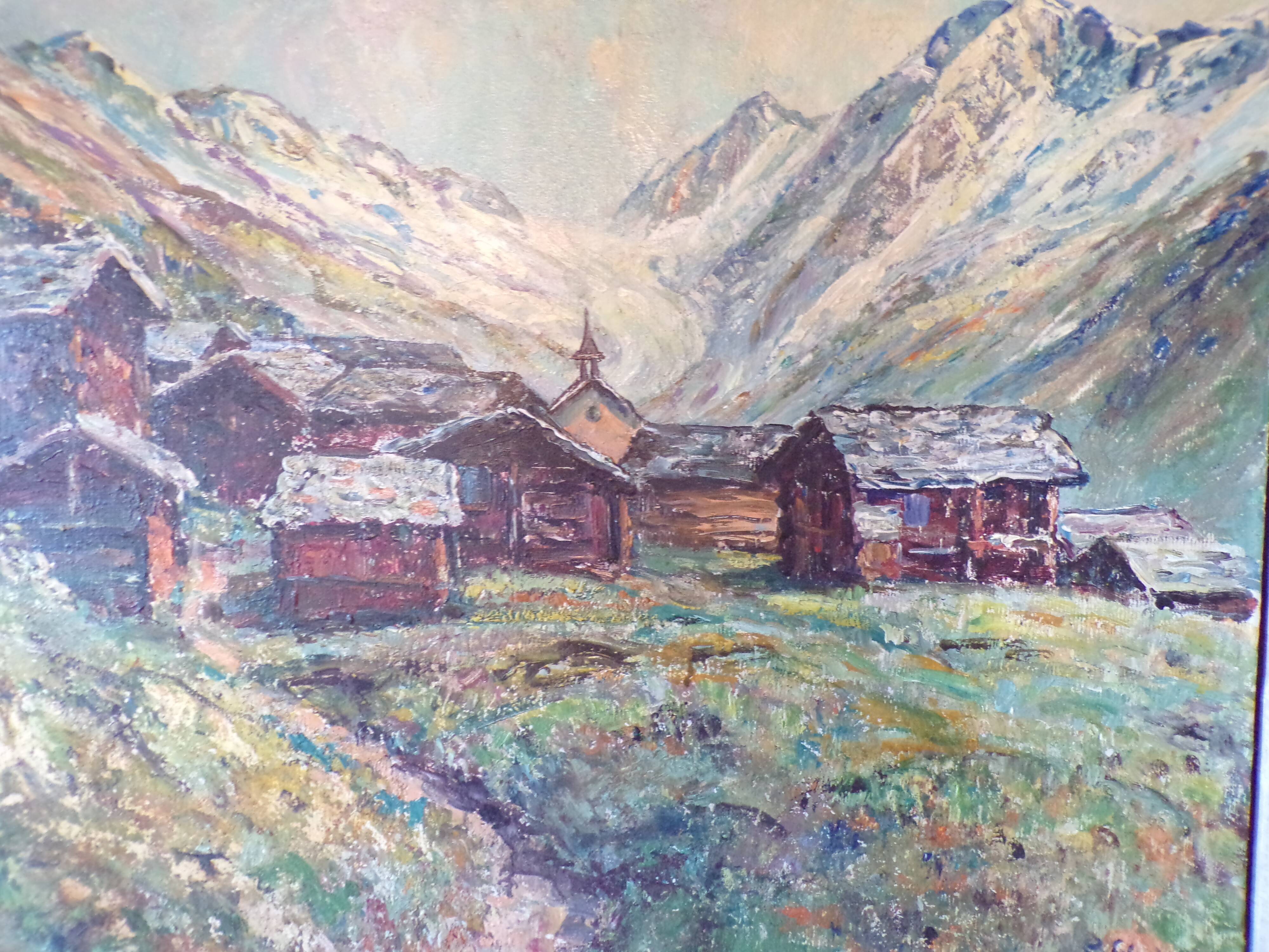 Huile sur panneau "Paysage village Alpin "