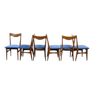 Set of 6 Scandinavian chairs in oak and blue fabric.