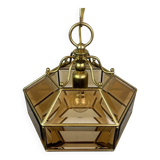 Vintage hexagonal diamond-cut crystal chandelier in gilded brass, Italy, 1960s.