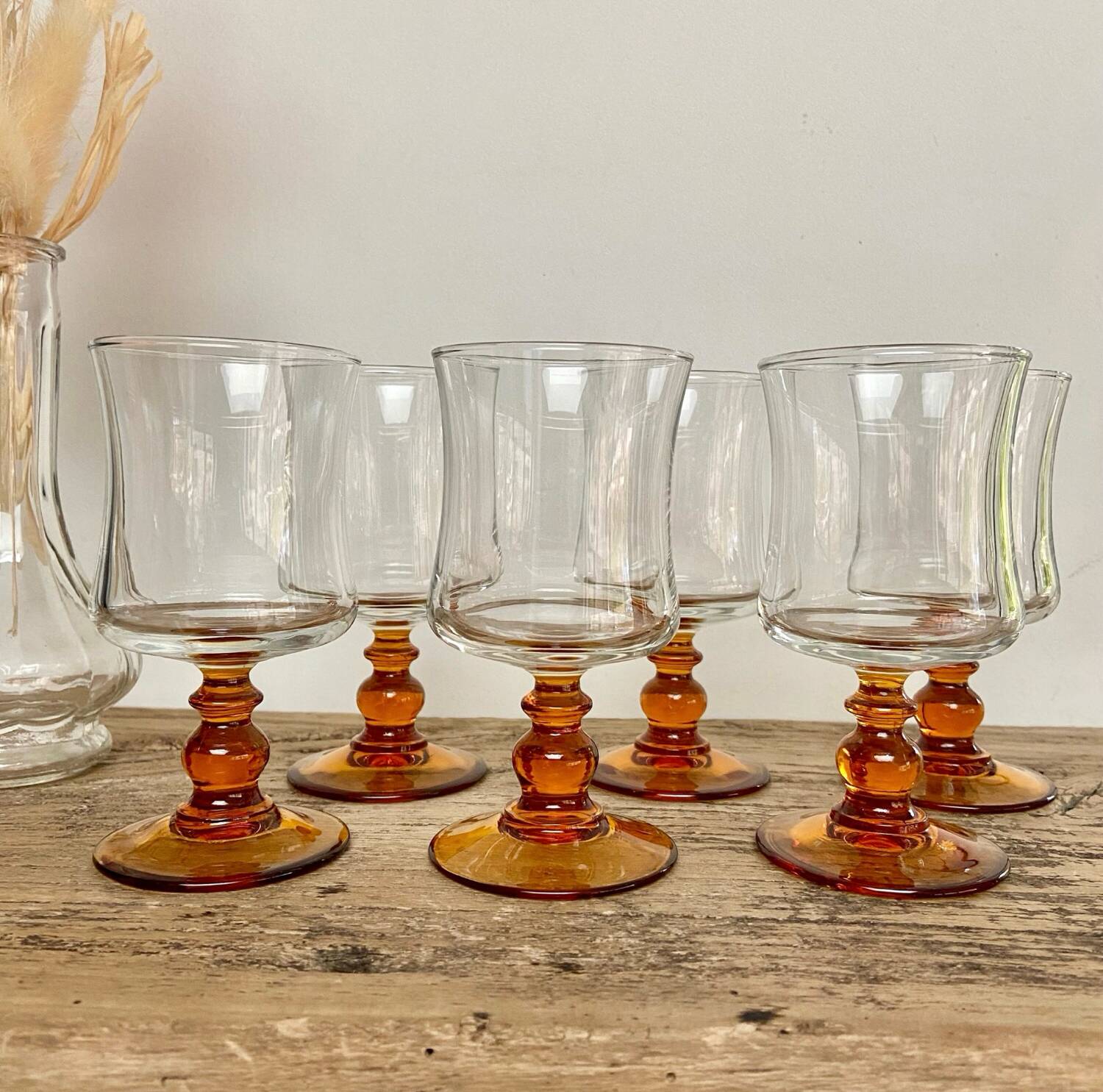 6 small vintage amber stemmed glasses