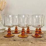 6 small vintage amber stemmed glasses