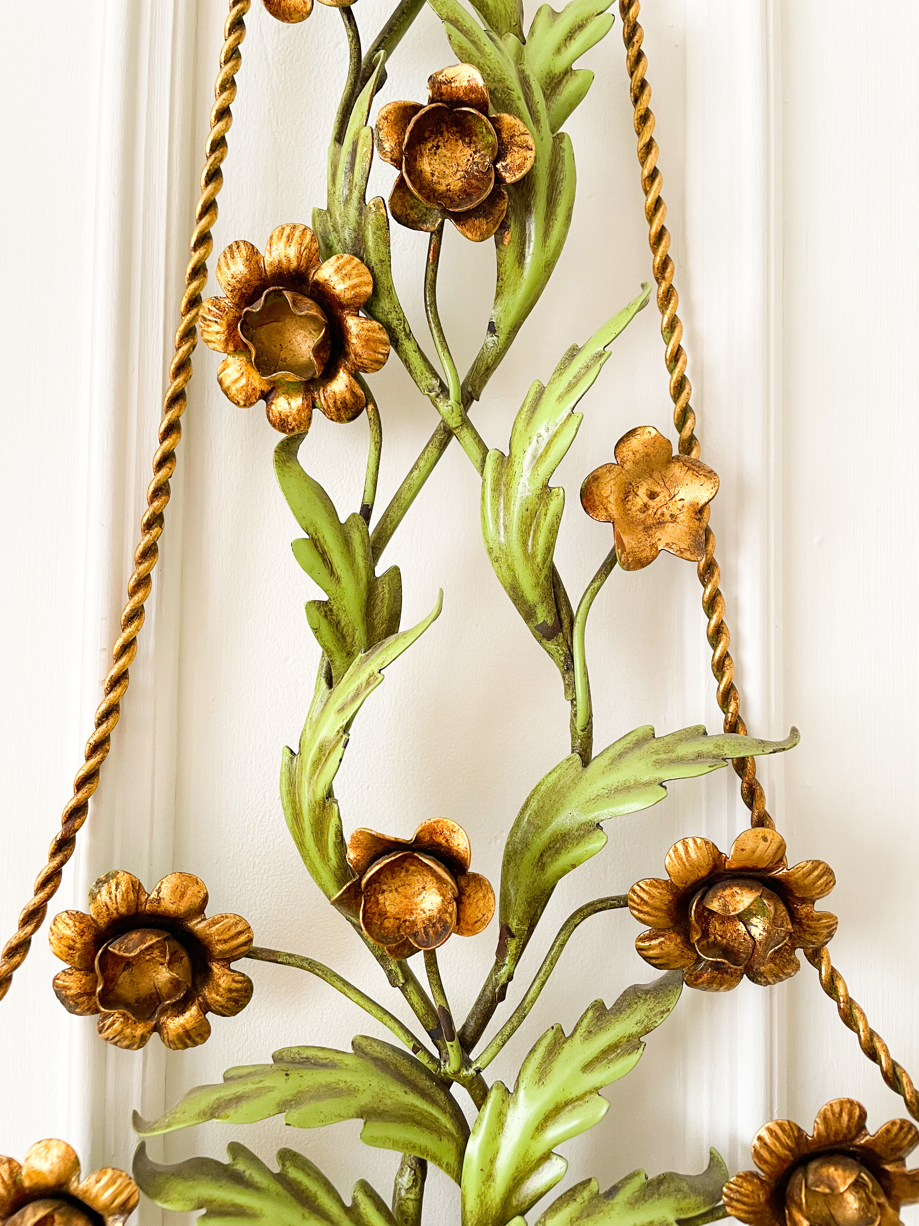 Large vintage Italian wall sconce with golden flowers, Florentine style.