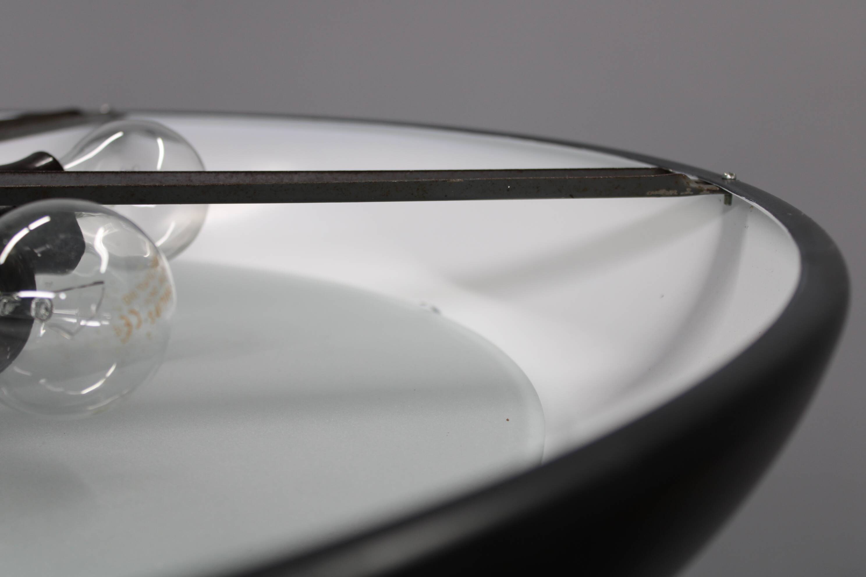 1940s Josef Hůrka for Napako Bauhaus UFO pendant light, metal & glass, restored