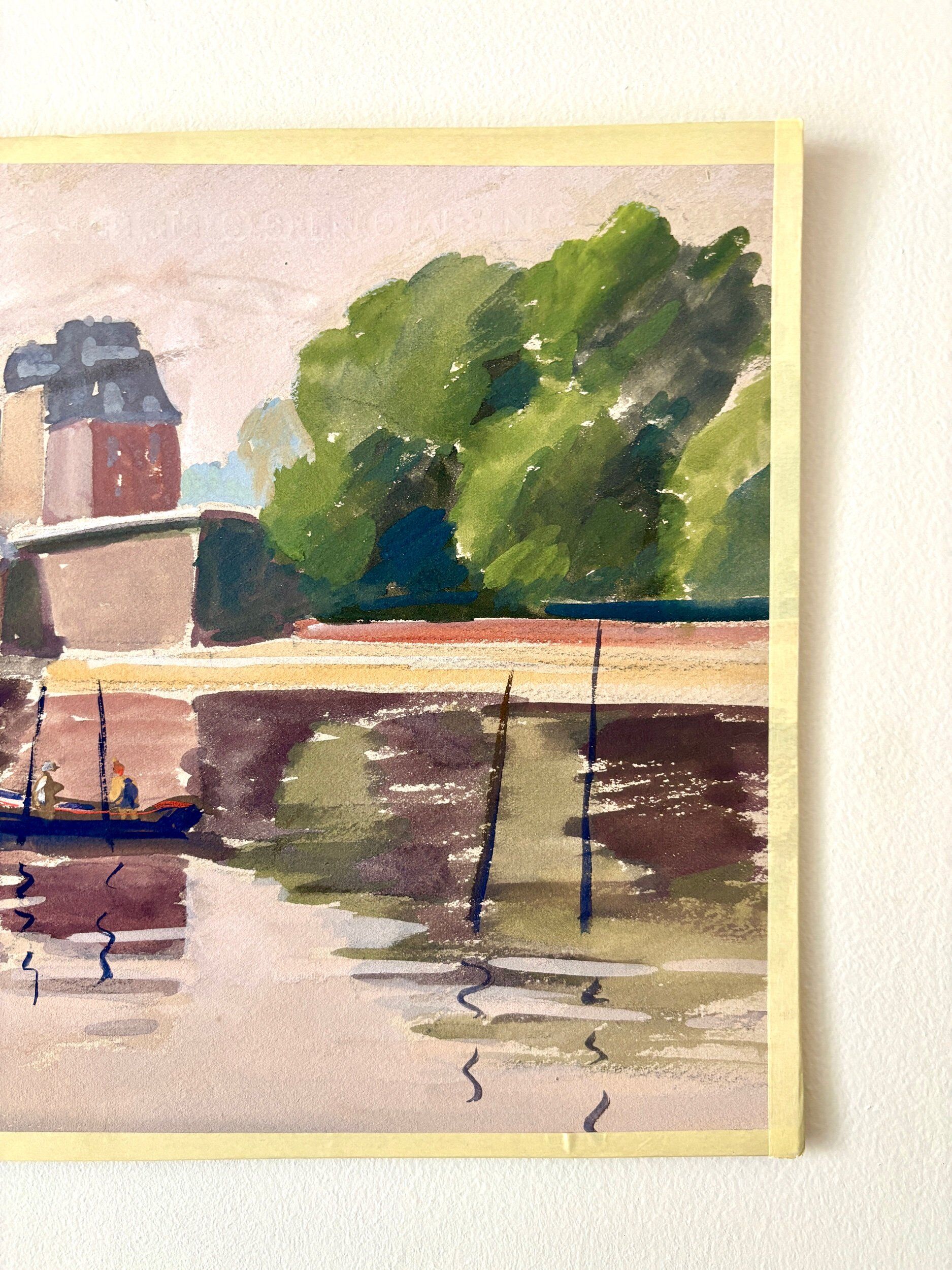 Painting on paper "Houses, bridge, river, boat and people" n°24