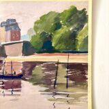 Painting on paper "Houses, bridge, river, boat and people" n°24