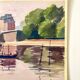 Painting on paper "Houses, bridge, river, boat and people" n°24